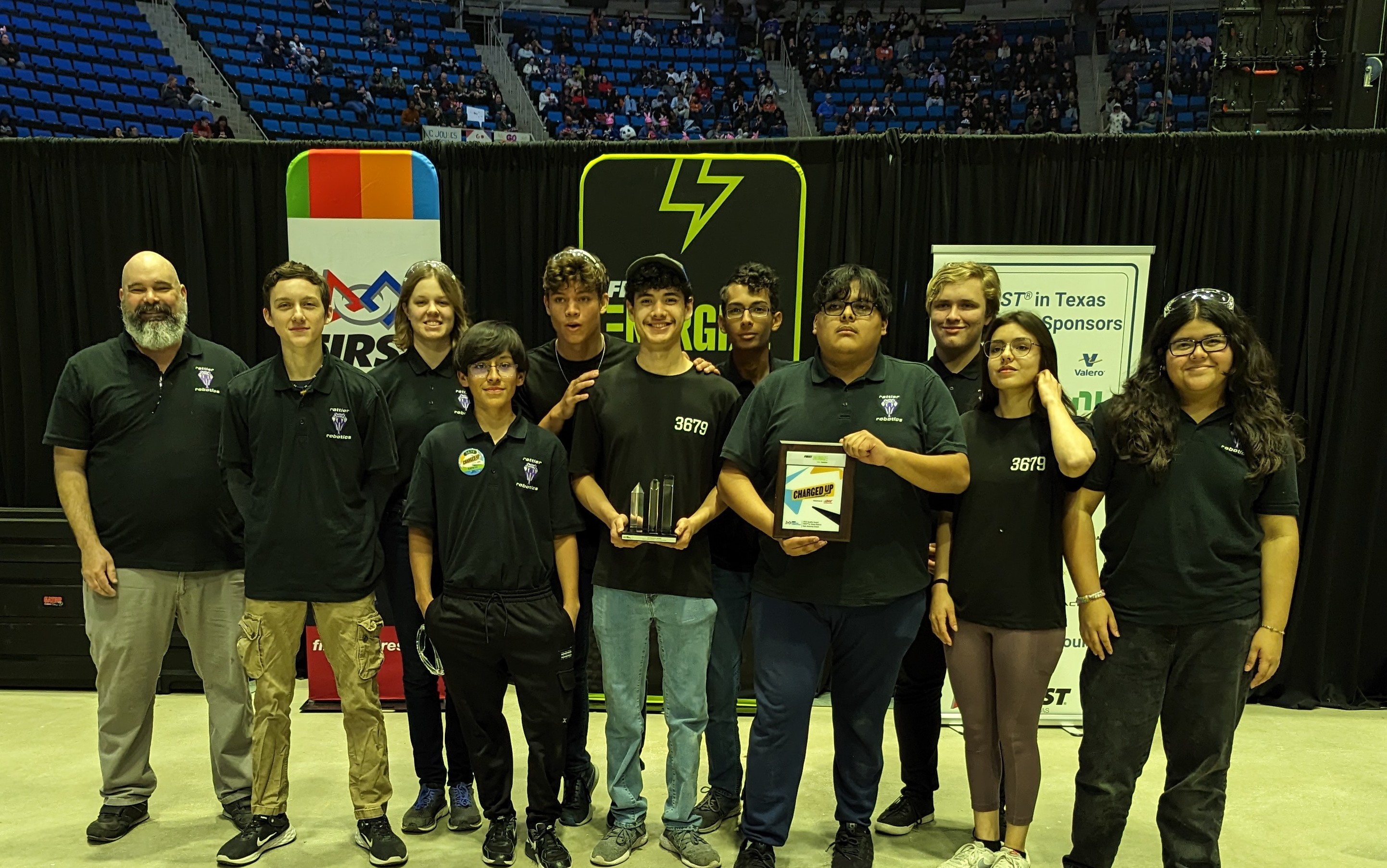 Gaskill (far left) with the San Marcos High School Rattler Robotics team at a FIRST Robotics Competition awards ceremony